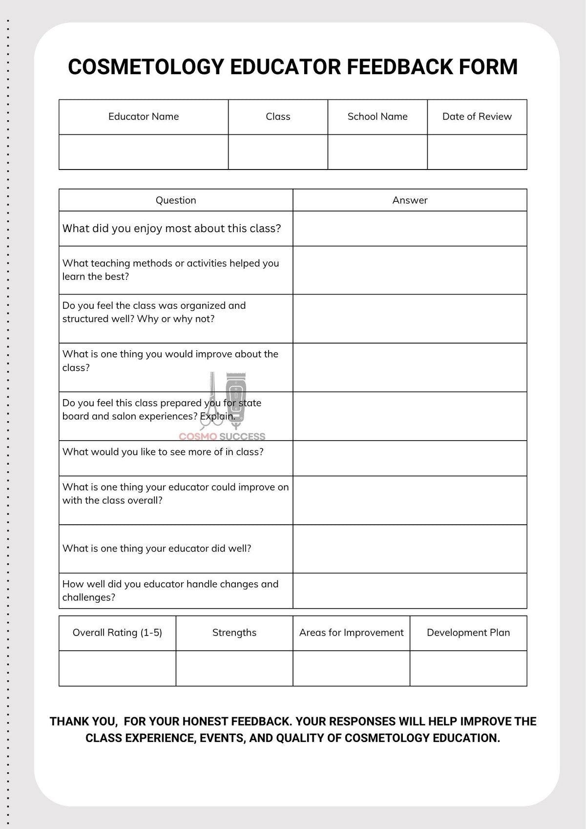 Cosmetology Educator Feedback Form