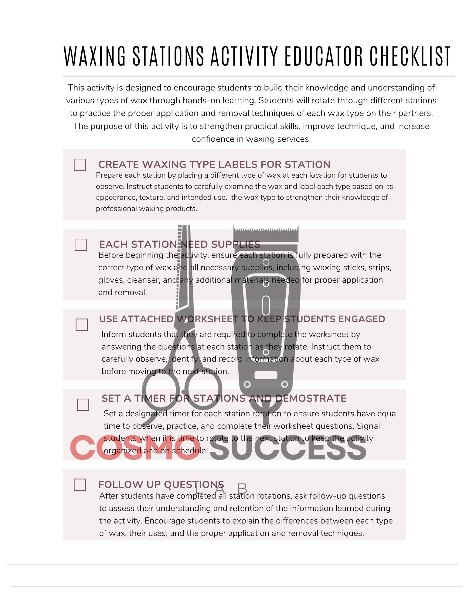 Waxing Stations Activity