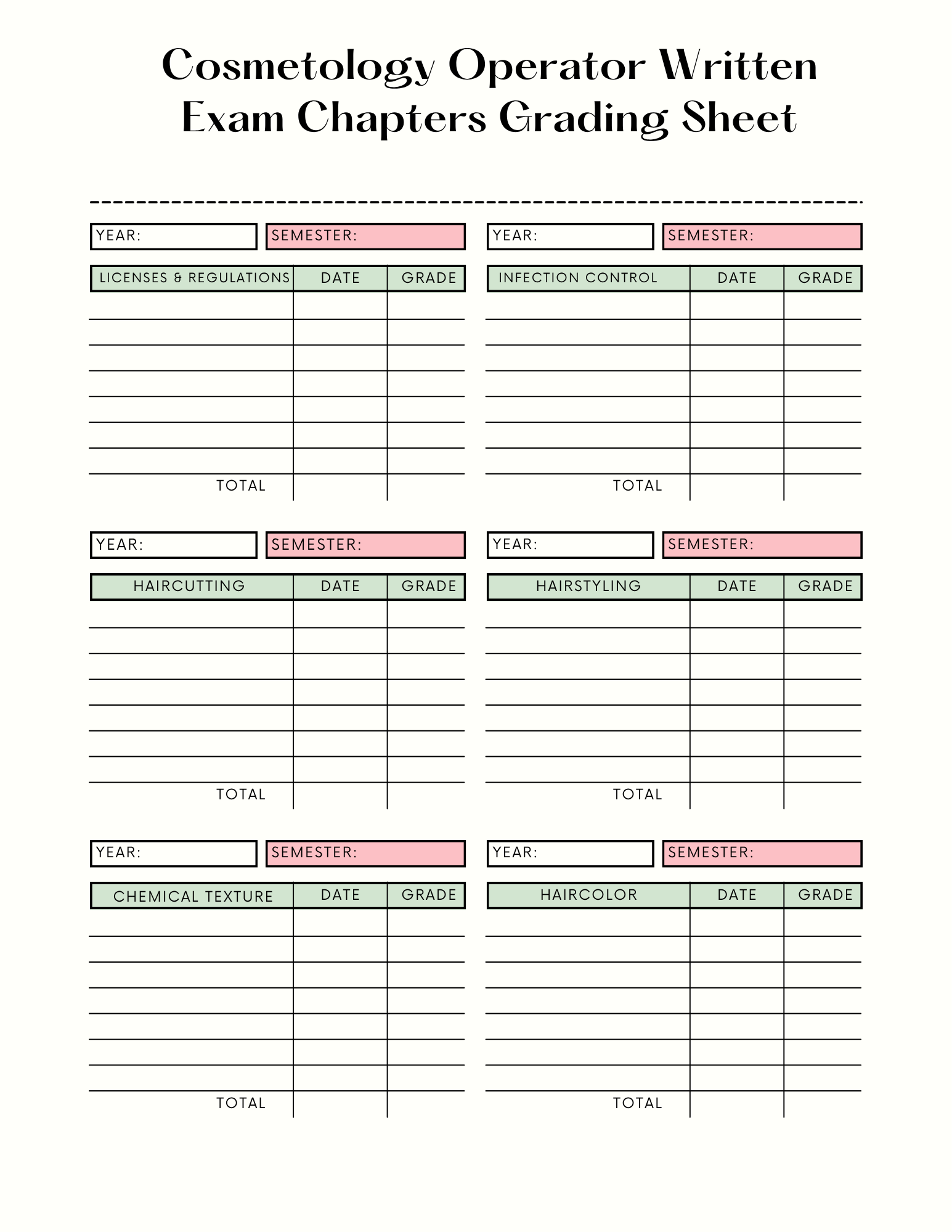 Cosmetology Operator Written Exam Chapters Grading Sheet