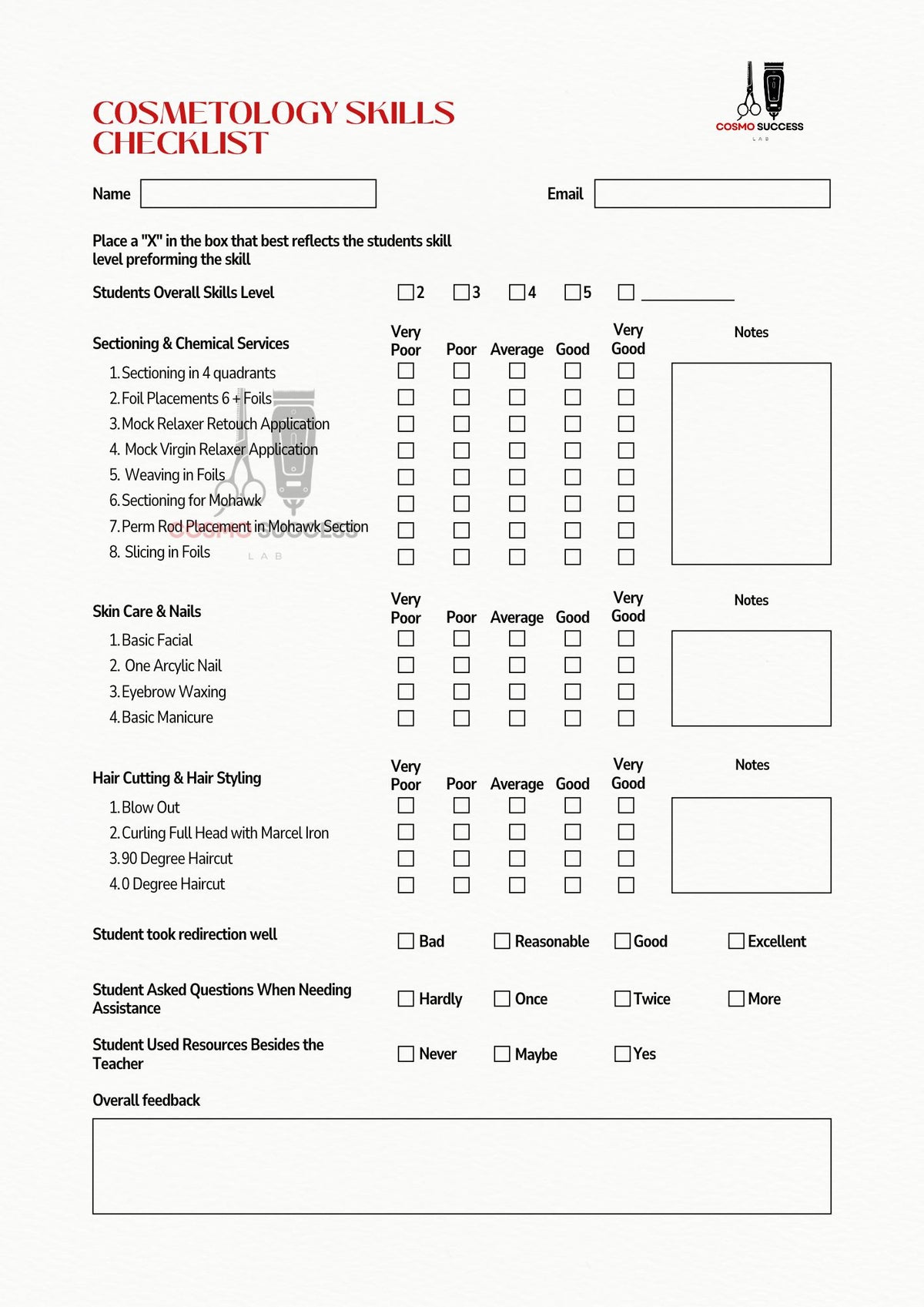 Cosmetologist Skills Checklist