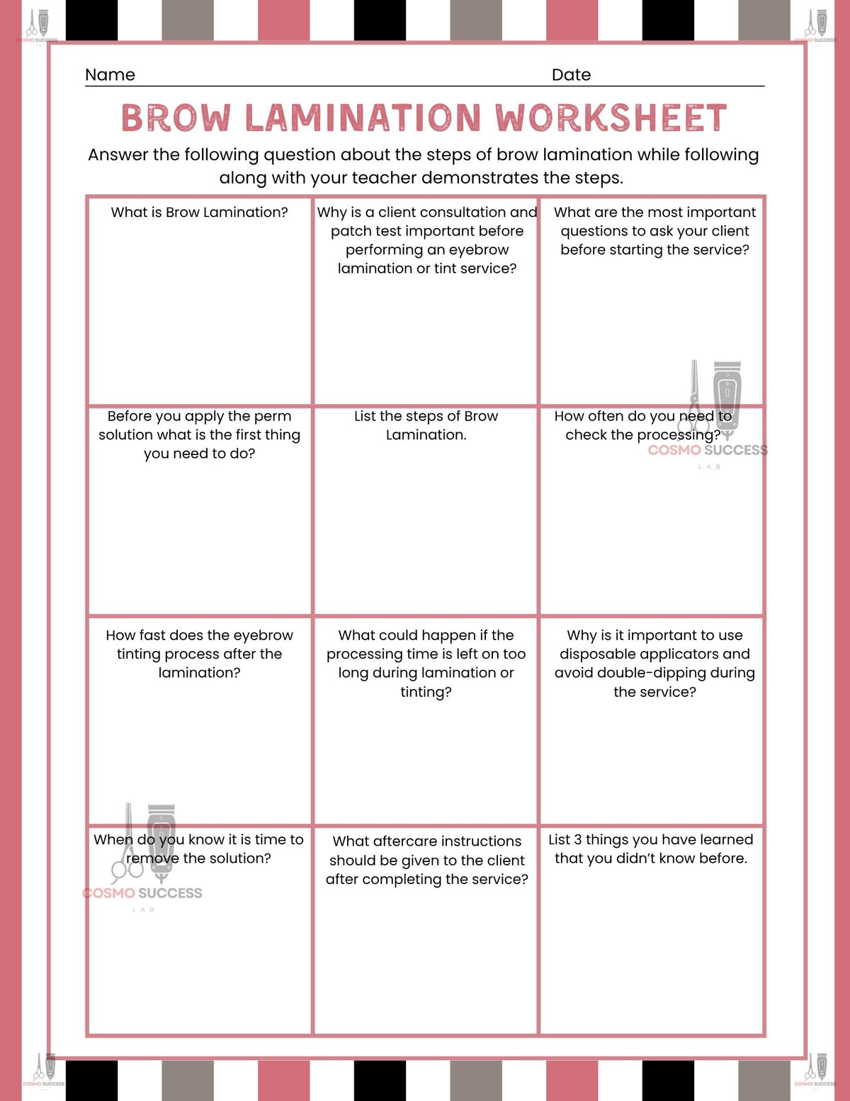 Brow Lamination Worksheet
